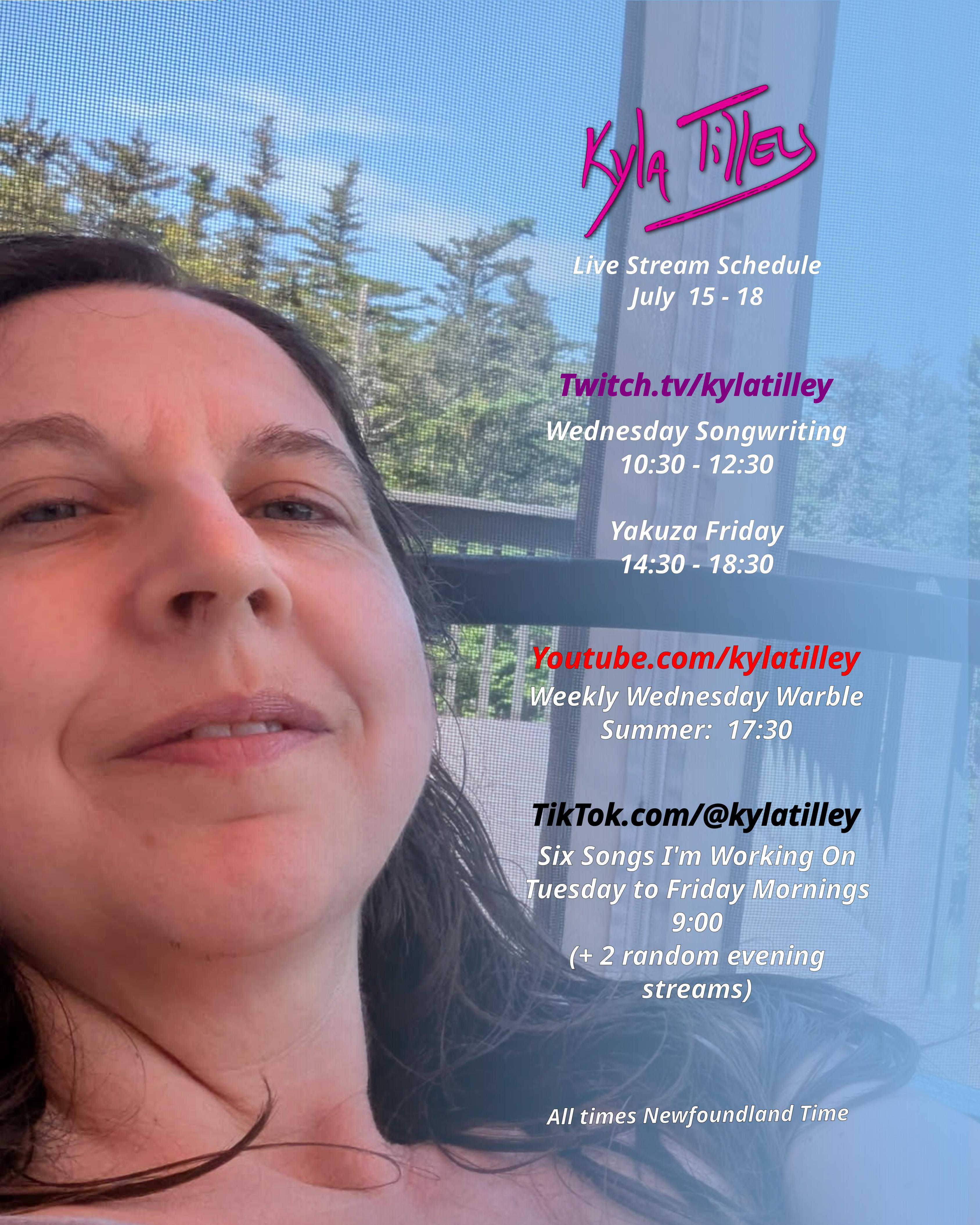 Kyla Tilley (white woman, long brown hair, blue eyes) lounging on a mosquito net encased swing with blue sky and evergreens all around. Her live stream schedule for July 15 - 18 Twitch.tv/kylatilley Wednesday Songwriting...
	  
	  <a href=