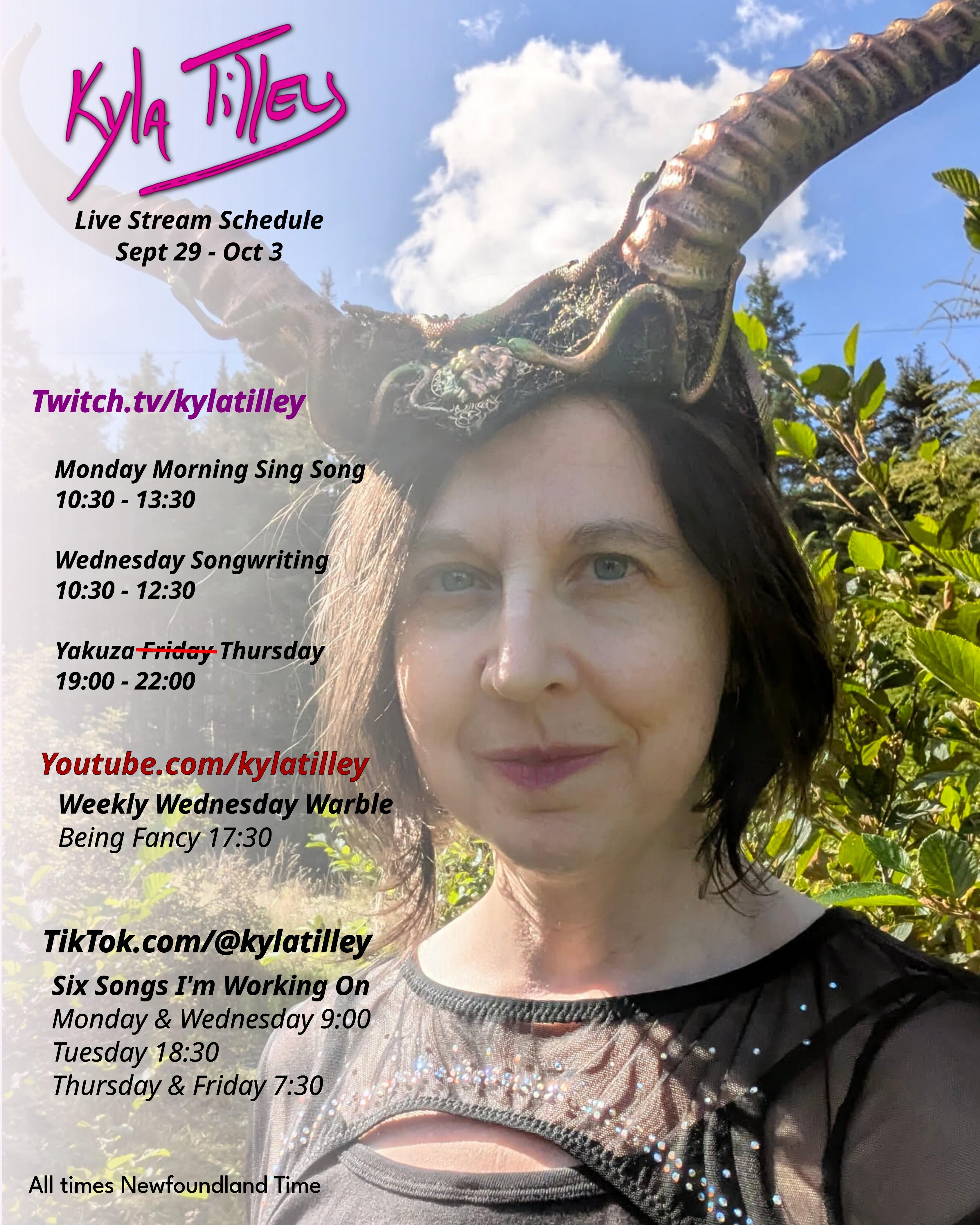 A white woman with short brown hair wearing a pagan looking horned headdress and a black top with various sheer, sparkle, and cutaway features. She's standing in a green wood under a blue sky on a sunny day. Kyla Tilley's Live stream schedule for...
	  
	  <a href=
