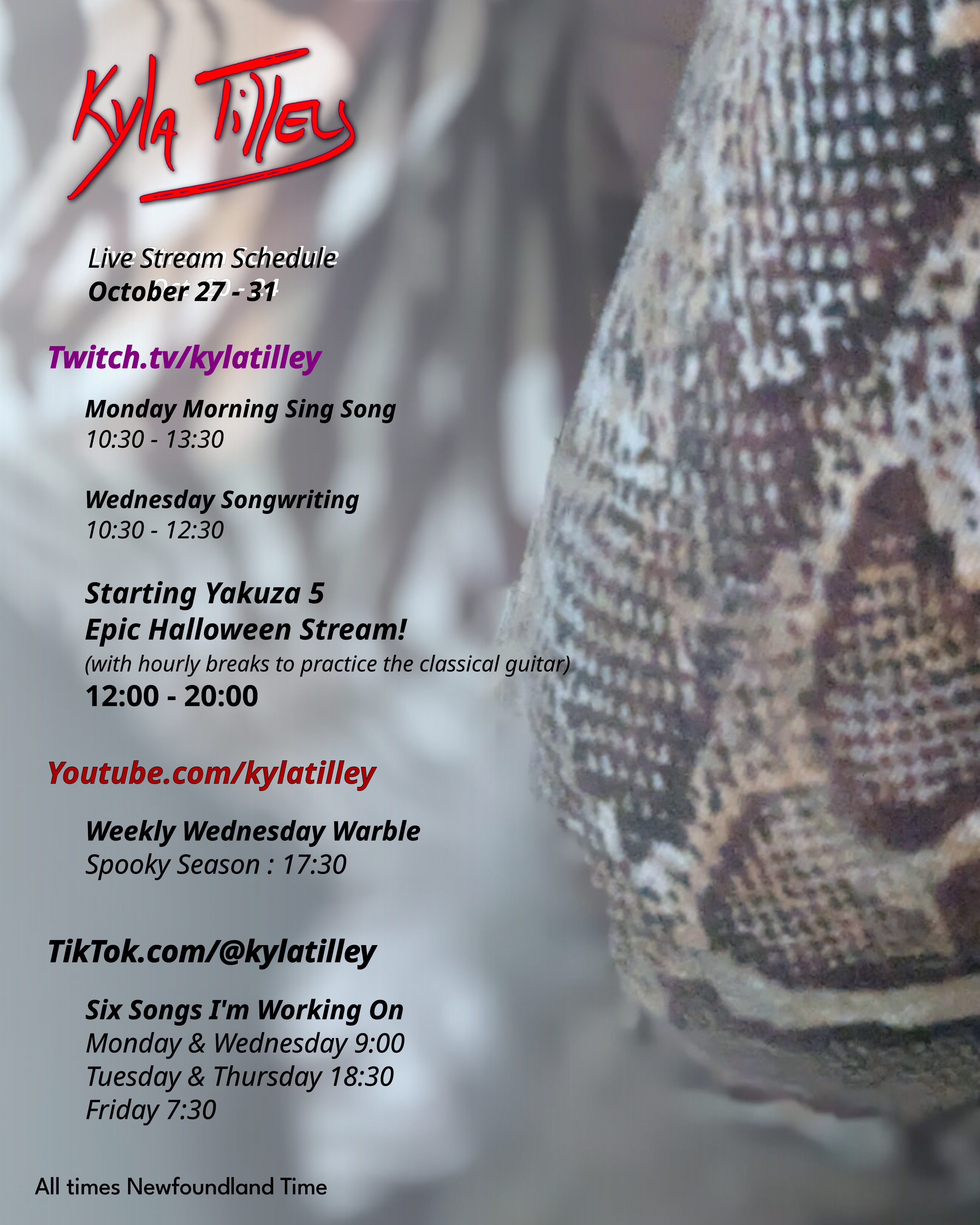 Close up of a snake print garment with a blurred zebra print garment in the distance. @kylatilley October 27-31 stream schedule Twitch.tv/kylatilley Monday Morning Sing Song 10:30-13:30 Wednesday Songwriting 10:30-12:30 Starting Yakuza 5 Epic Halloween Stream (Friday) 12:00-20:00 Youtube.com/@kylatilley Weekly Wednesday Warble:Spooky Season 17:30 TikTok.com/@kylatilley Six Songs I'm Working On Monday & Wednesday...
	  
	  <a href=