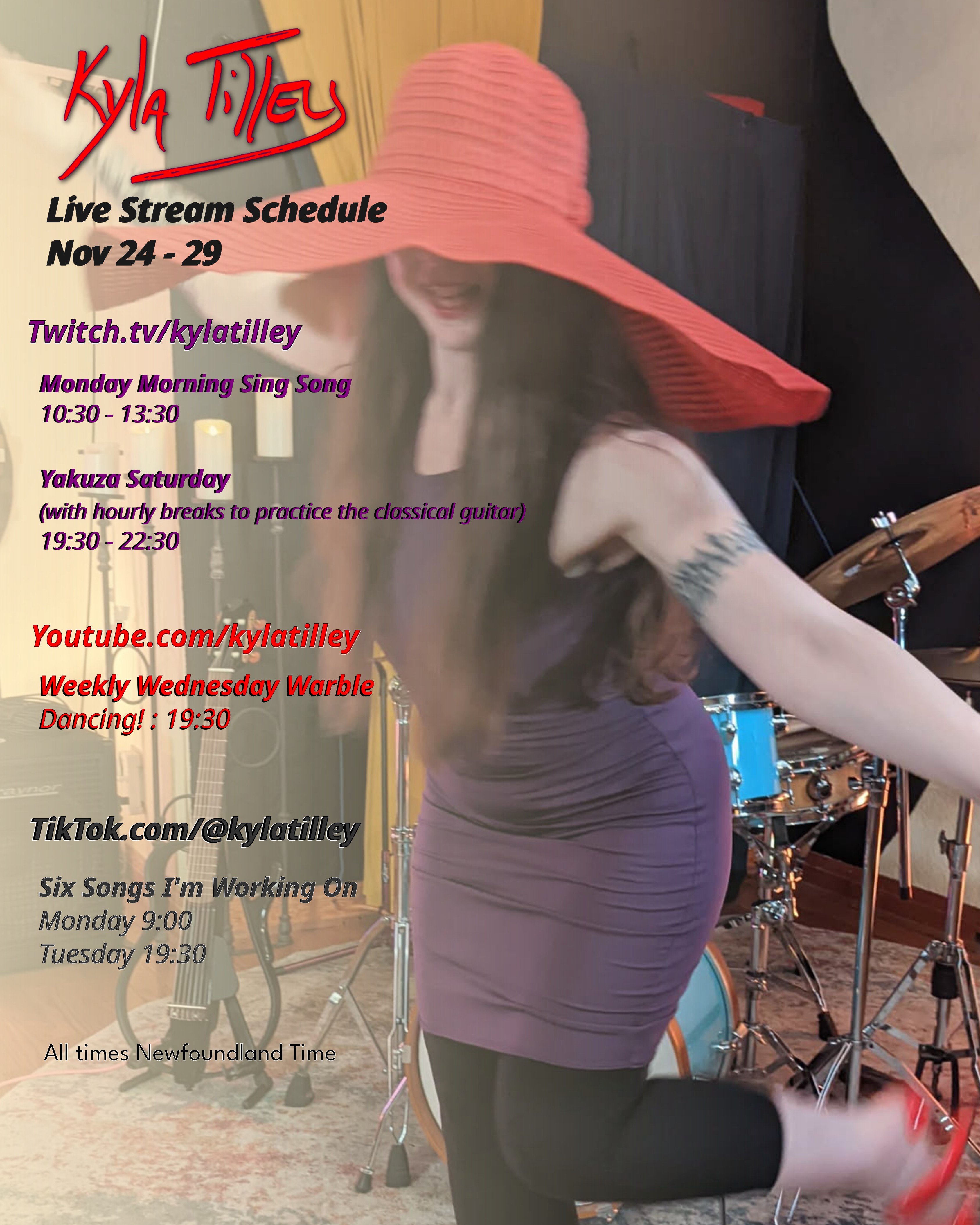 A woman with long hair in a purple dress wearing an enormous red sun hat, dancing in a room full of musical instruments. @kylatilley Stream Schedule November 24-29 Twitch.tv/kylatilley Monday Morning Sing Song 10:30 - 13:30 Yakuza Saturday (with hourly classical...
	  
	  <a href=