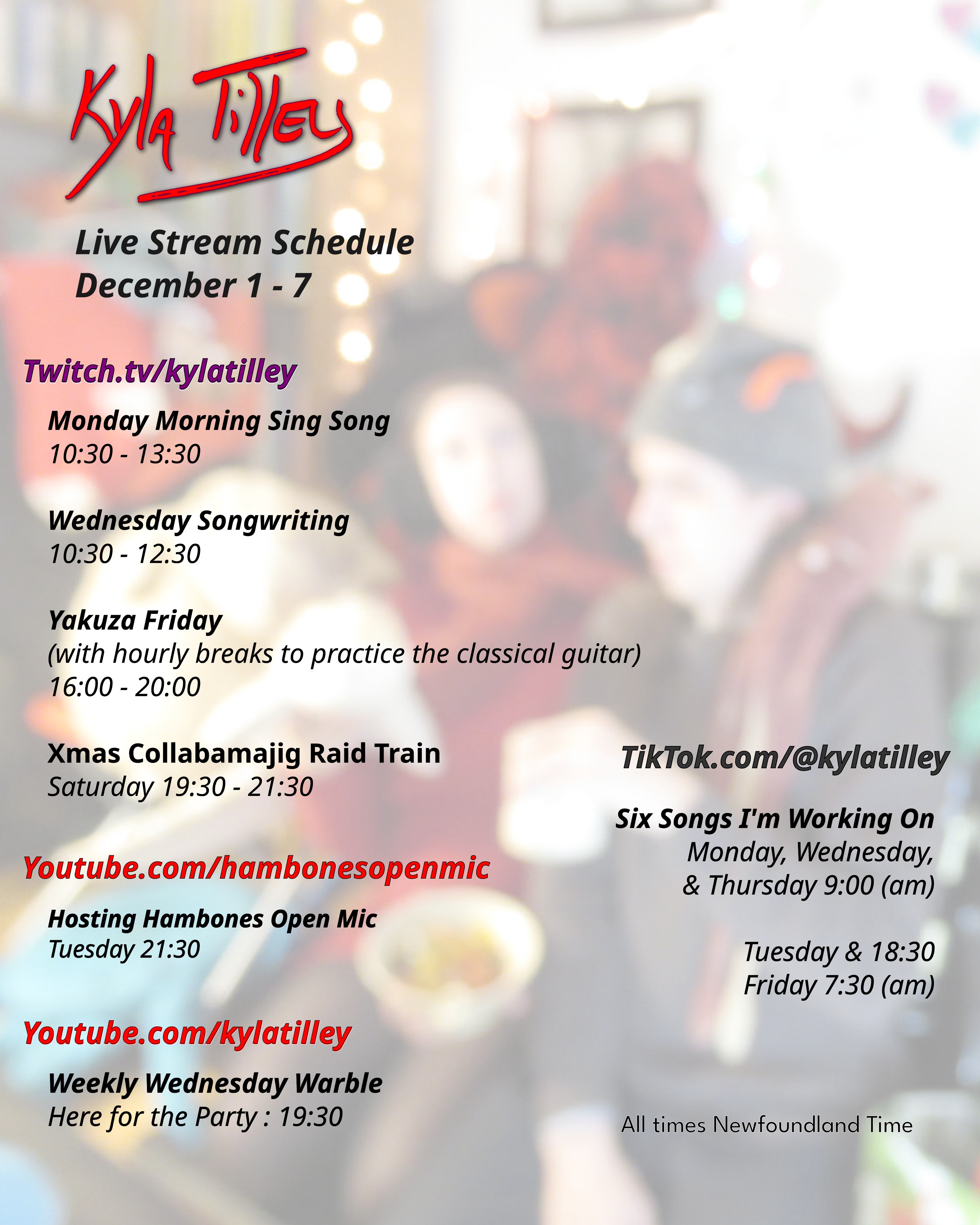 A festive scene. Two people in a livingroom looking vaguely medival and very festive. @kylatilley Stream Schedule December 1-7 Twitch.tv/kylatilley Monday Morning Sing Song 10:30-13:30 Wednesday Songwriting 10:30-12:30 Yakuza Friday (with hourly breaks to practice the classical guitar) 16:00-20:00 Xmas Collabamajig Raid Train Saturday 19:30-21:30 Youtube.com/hambonesOpenMic Host of Hambones Open Mic Tuesday 21:30 Youtube.com/@kylatilley Weekly Wednesday Warble Here for the Party : 19:30 TikTok.com/@kylatilley Six Songs I'm Working On Monday, Wednesday, & Thursday 9:00 (am) Tuesday &...
	  
	  <a href=