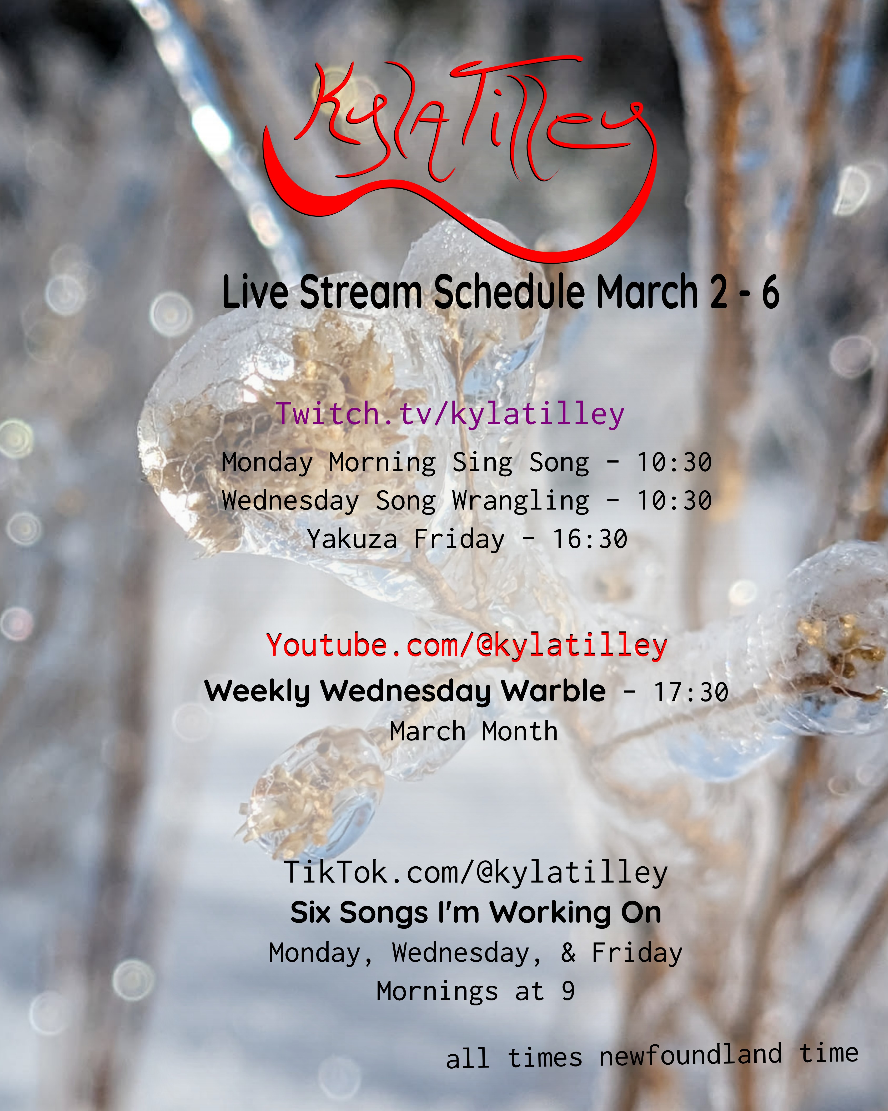 A close up of a twig encased in ice with out of focus glistening ice encased bushes in the background. Kyla Tilley's Live Stream Schedule for March 2-6 Twitch.tv/kylatilley Monday Morning Sing Song - 10:30 Wednesday Song Wrangling - 10:30 Yakuza Friday - 16:30 Youtube.com/@kylatilley Weekly Wednesday Warble - March Month 17:30 TikTok.com/@kylatilley Six Songs I'm Working On Monday, Wednesday, & Friday Mornings at 9 All times Newfoundland Time 