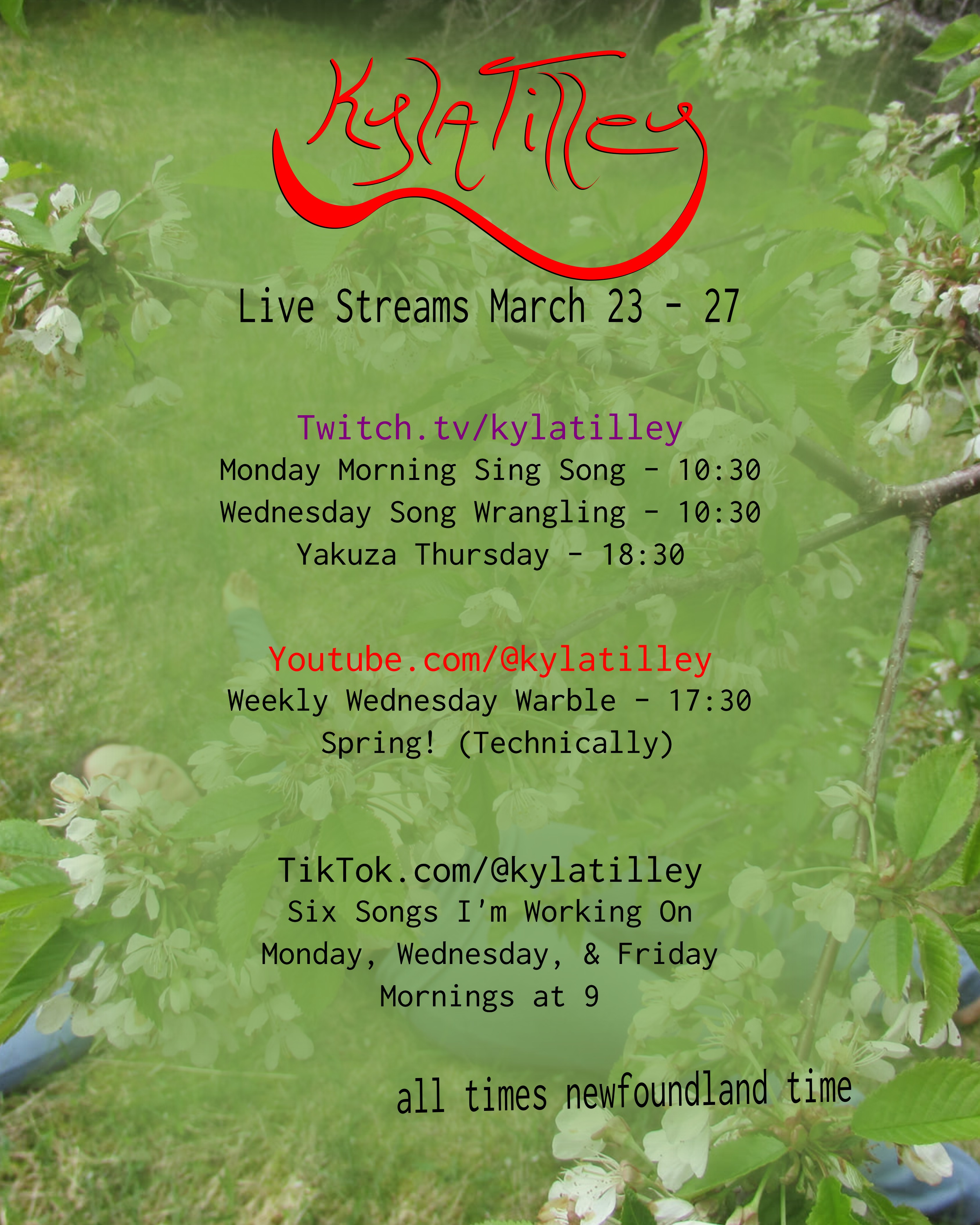 A woman in blue lying with arms and legs outstretched in the grass. She is obscured by the branches of a blossoming cherry tree. Writen overtop is Kyla Tilley's Live...
	  
	  <a href=