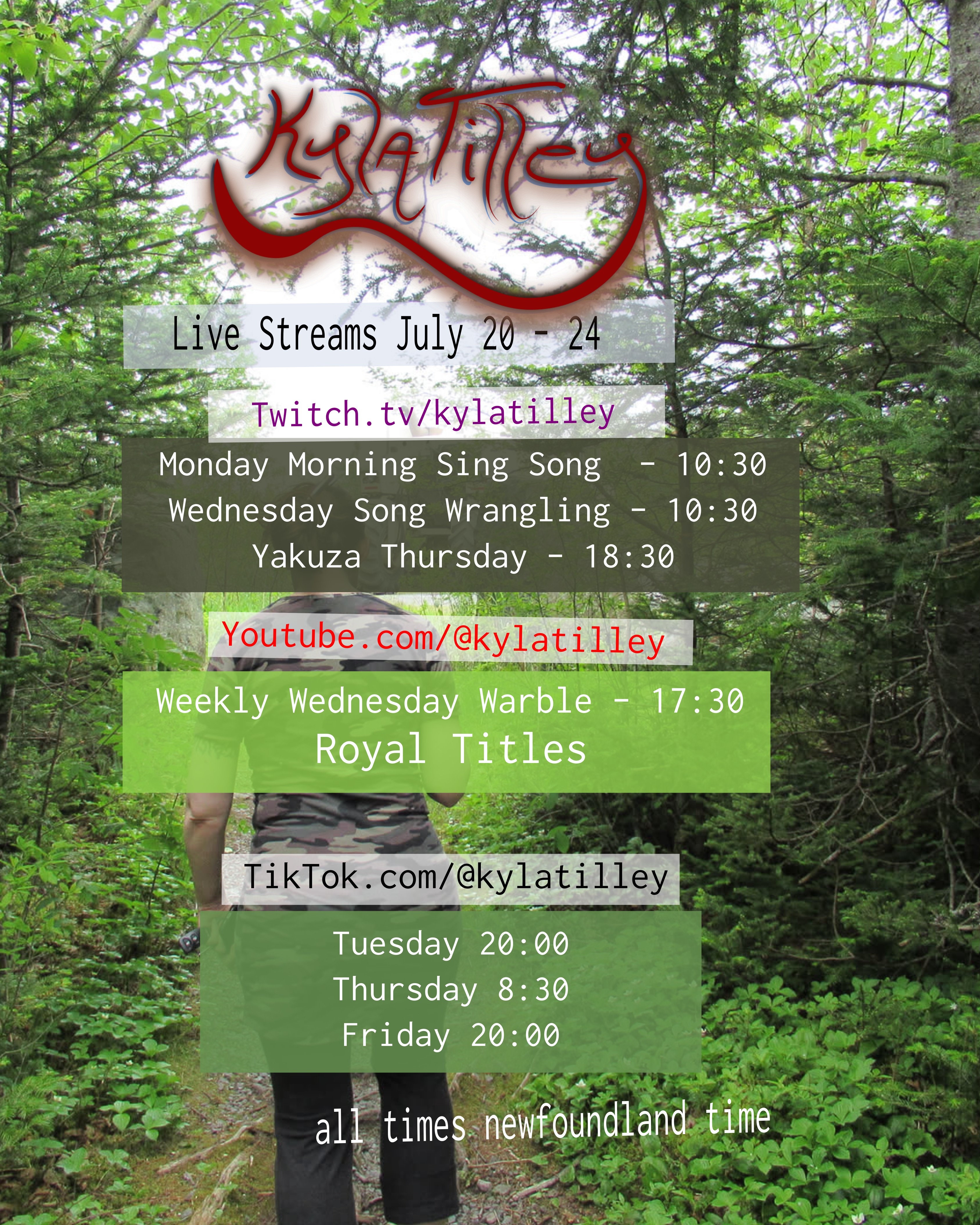 A woman walking towards a tractor on a green forest trail. Written over top is Kyla Tilley's Live Stream Schedule for July 20th - 24th Twitch.tv/kylatilley Monday Morning Sing Song - 10:30 Wednesday Song Wrangling 10:30 Yakuza Thursday - 18:30 Youtube.com/@kylatilley Weekly Wednesday Warble - Royal Titles 17:30 TikTok.com/@kylatilley Tuesday -...
	  
	  <a href=