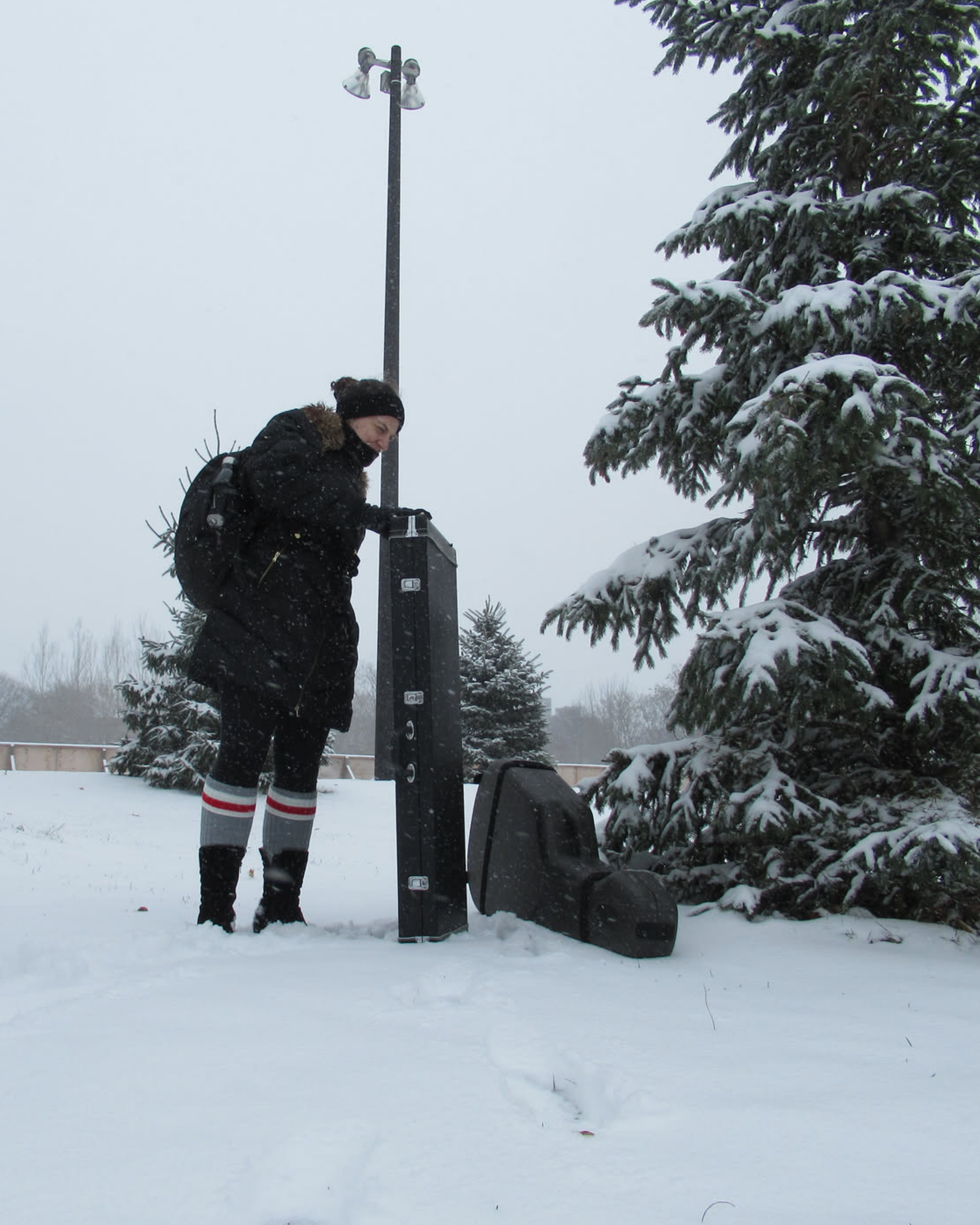 A woman in a black coat standing in a snow covered park next to a large evergreen. There's an outdoor hockey rink and a tall light poll behing her. On...
	  
	  <a href=