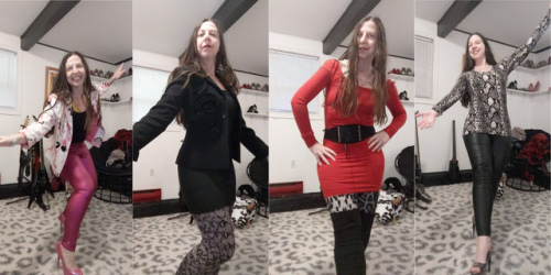 Four images of the same white woman with long brown hair standing in a room with a white leopard print rug, wearing different outfits. There's pink lamé leggings with a white and pink floral blazer.  There's a longsleeved red bodycon dress with leopard print tights.  Theres a black secretary dress with a black blazer over pink snakeskin leggings, and there's a brown snakeprint shirt over black leather-like leggings.