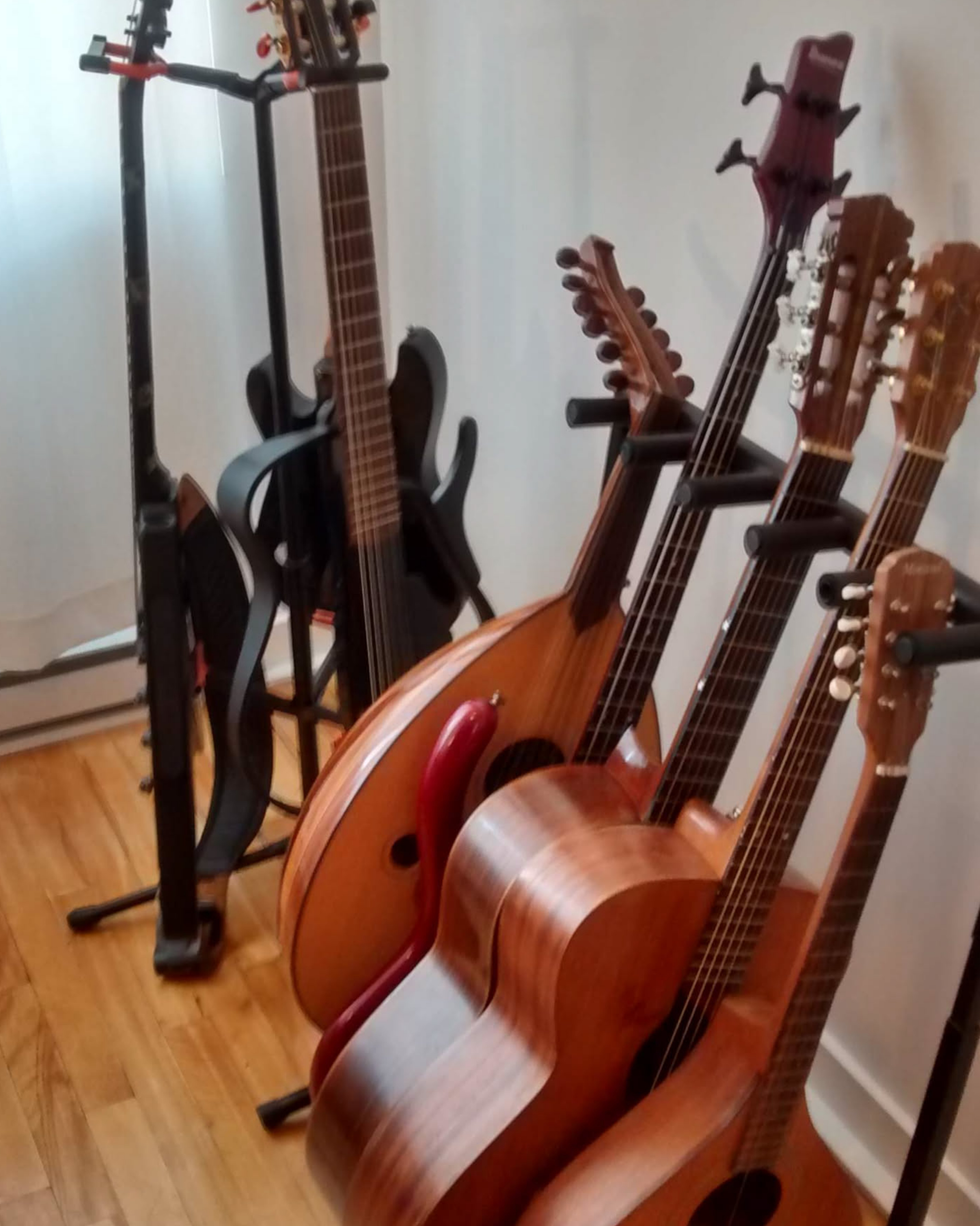 A brightly lit corner with a 3 guitar rack holding 3 black guitars. (a classical, a flying V, and a strat shaped body.) Next to it is a 5 guitar rack holding an oud, a red electic bass, a classical, a steel string, and a mandola.