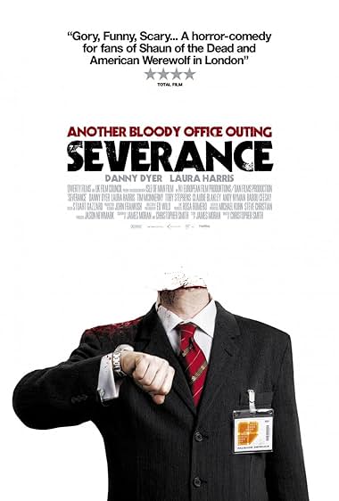 Movie poster for Severance showing a headless man in a suit looking at a wristwatch.