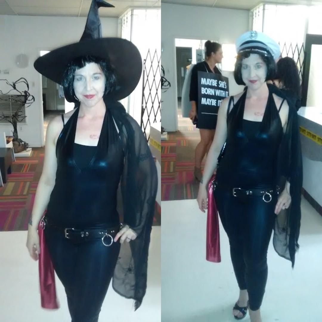 Two pics side by side of a woman in a sexy witch costume.  She's wearing a short bob wig, and a black lame haltertop catsuit with some scarves around her waist.  In the first pic she has a witches hat, in the second a white sea captain hat. 