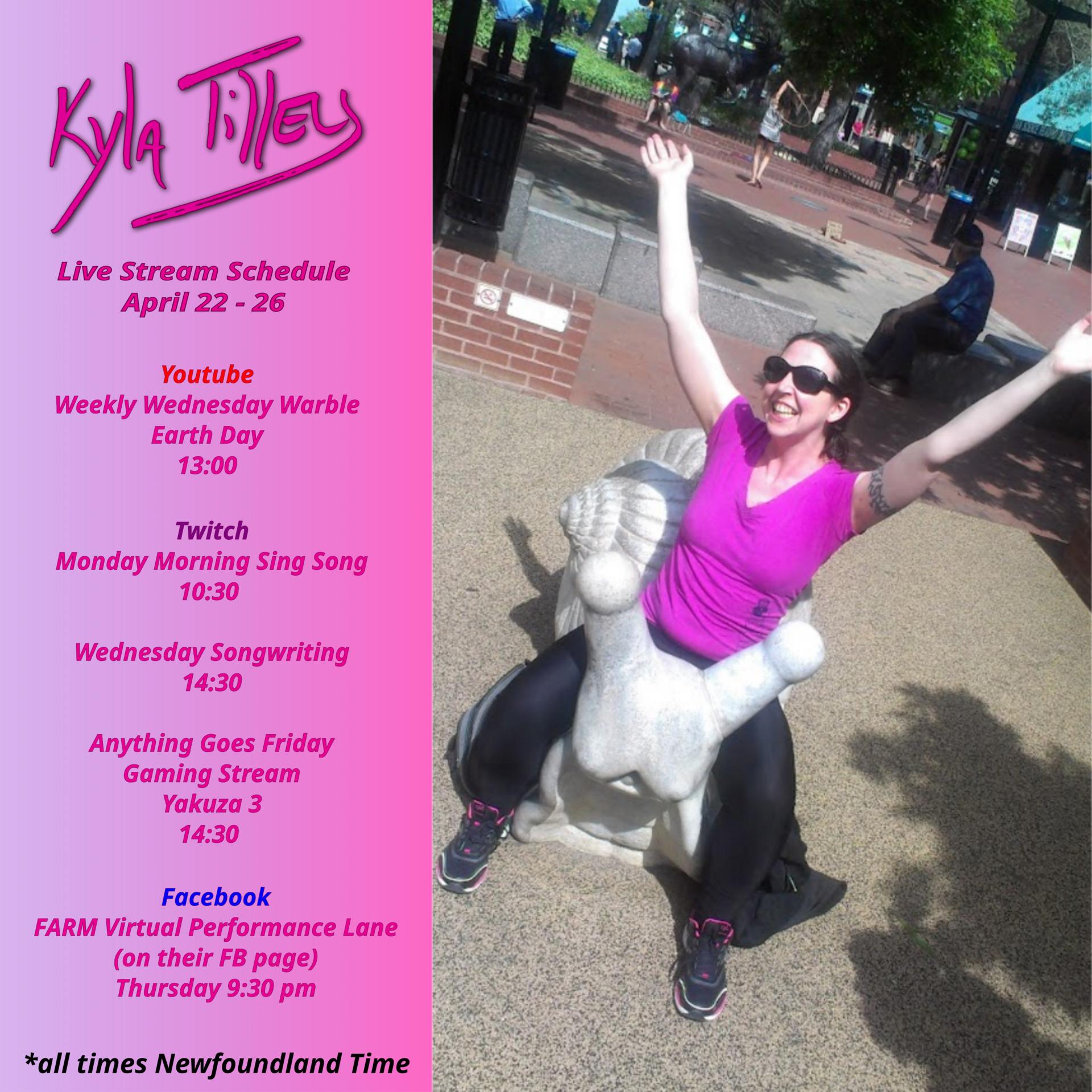 
A white woman with big movie star sunglasses and a pink T-shirt, black leggings, and pink and black sneakers riding a giant snail statue with her hands held aloft in excitement for she is going so fast!!


Kyla Tilley's live stream schedule April 22 - 26
On Youtube: Earth Day
13:00

On Twitch:
Monday Morning Sing Song 10:30
Wednesday Songwriting 14:30
Anything Goes Friday: Gaming Stream Yakuza 3 14:30

All times posted in UTC -2:30

